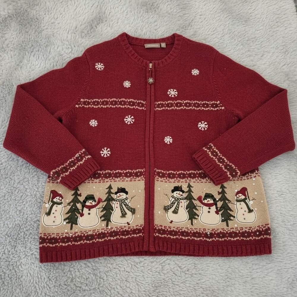Croft & Barrow Christmas Cardigan Sweater Women's XL Red Silk Blend Snowman